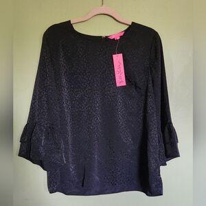 NWT Lilly Pulitzer Christie Flounce Petite Top in Onyx Black Jacquard XL